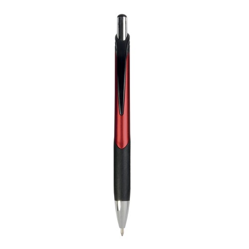 Penna a scatto in plastica con fusto metallizzato, impugatura gommata nera Penna a scatto in plastica con fusto metallizzato, impugatura gommata nera