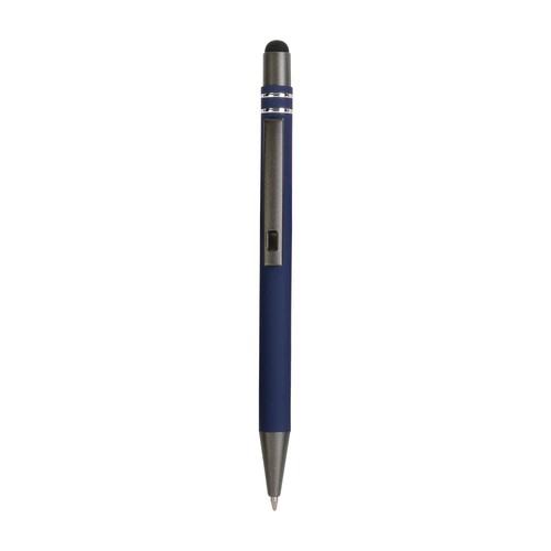 Penna a scatto in alluminio gommato con decorazione a 2 anelli e particolari bruniti con t Penna a scatto in alluminio gommato con decorazione a 2 anelli e particolari bruniti con t