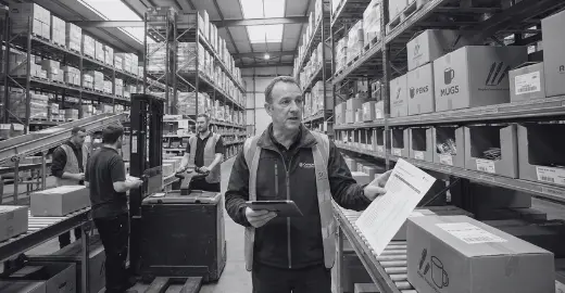 Logistik-Mitarbeiter prüft eine eingehende Bestellliste auf dem Tablet, Startschuss für die Kommissionierung und die ersten Logistik-Schritte der Werbeartikel Bestellung.