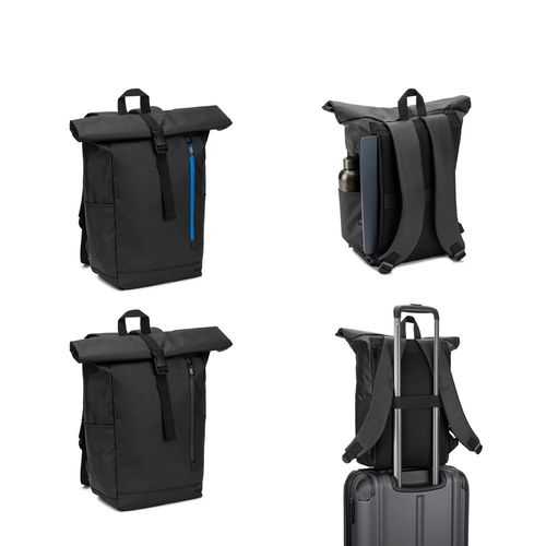 OSASCO BPACK. Sac à dos à roulettes avec système de fermeture à glissière permettant de rouler la partie supérieure pour l'adapter au volume du sac à dos, fabriqué en polyester recyclé 600D