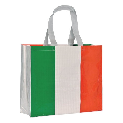 Laminated 120 g/m2 PP shopping bag with gusset and long ribbon handles Laminated 120 g/m2 PP shopping bag with gusset and long ribbon handles