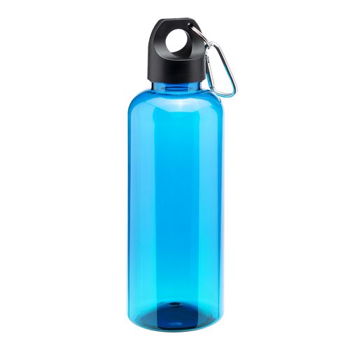 Transparente Flasche aus recyceltem PET 580 ml. Kunststoffdeckel mit Karabiner Transparente Flasche aus recyceltem PET 580 ml. Kunststoffdeckel mit Karabiner