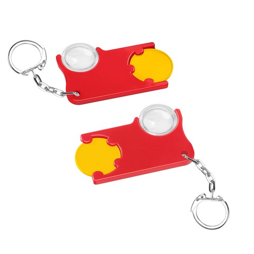 Chiphouder met winkelwagenmuntje 1€ en loep Chiphouder met winkelwagenmuntje 1€ en loep
