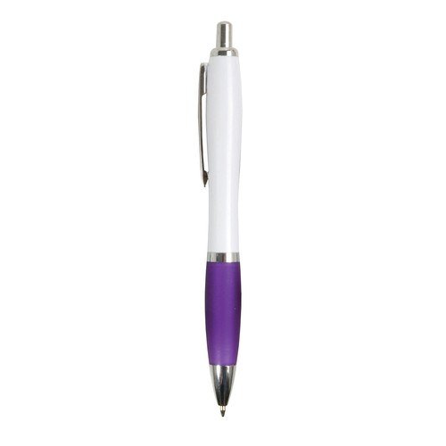 Penna a scatto in plastica ABS, con fusto bianco, impugnatura colorata gommata Penna a scatto in plastica ABS, con fusto bianco, impugnatura colorata gommata