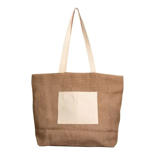 Shopper con soffietto alla base in juta con manici e tasca esterna (18 x 15 cm) in cotone