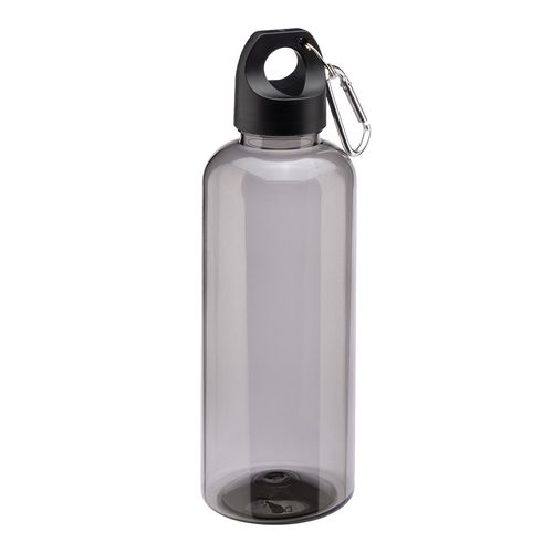 Botella transparente de PET reciclado 580 ml. Tapon de plastica con mosqueton