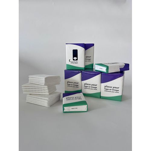 Customizable tissue packs with paper packaging.