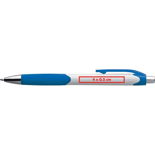 Plastic ball pen with white shaft and rubber grip zone