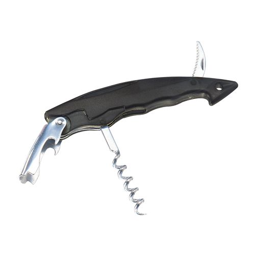 Bottle opener with corkscrew and foil cutter, transparent plastic with metal tools