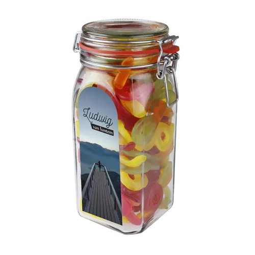 Big glass jar 1,5 liter, filled with candy Big glass jar 1,5 liter, filled with candy