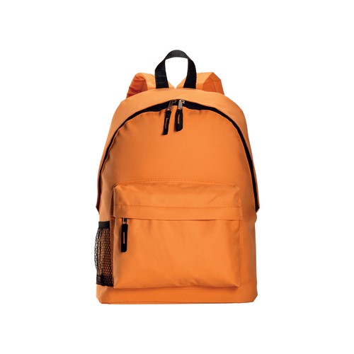 600D polyester 3-pocket backpack (one mesh side pocket). Adjustable shoulder straps