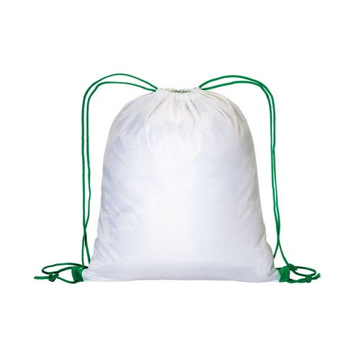 Zainetto bianco in poliestere 210 T con chiusura a strozzo e cordini colorati Zainetto bianco in poliestere 210 T con chiusura a strozzo e cordini colorati