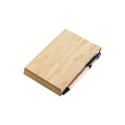 Notepad with bamboo cover (70 sheets), sticky notes, ballpen and phone holder. Notepad with bamboo cover (70 sheets), sticky notes, ballpen and phone holder.