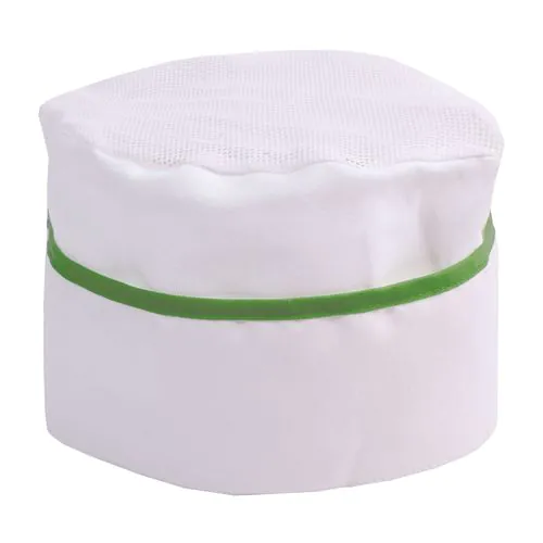 30% cotton/70% polyester white chef s hat with coloured edges. One size