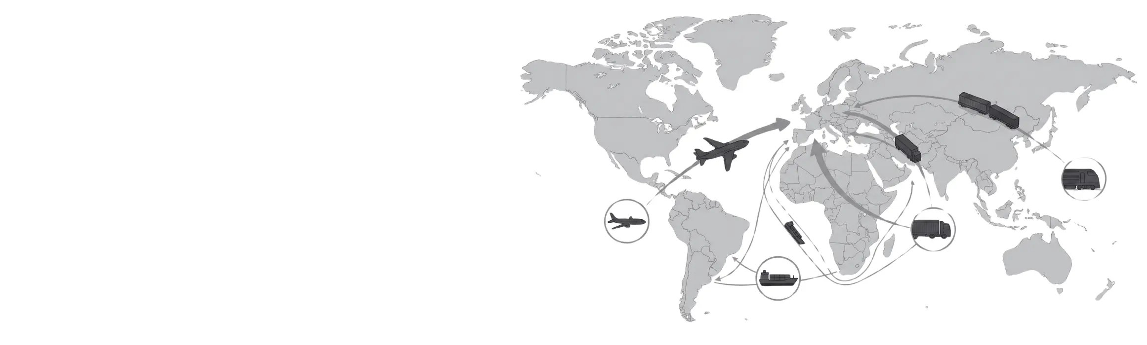 Weltkarte mit eingezeichneten Transportrouten (Flugzeug, Schiff, Bahn, LKW), visualisiert den globalen Werbeartikel Logistik Ablauf vom Import bis zur Zustellung.