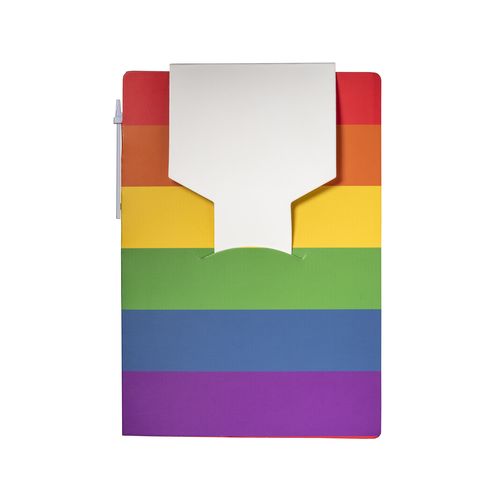 Paper notepad with rainbow cover, white ruled sheets, sticky notes and pen Paper notepad with rainbow cover, white ruled sheets, sticky notes and pen