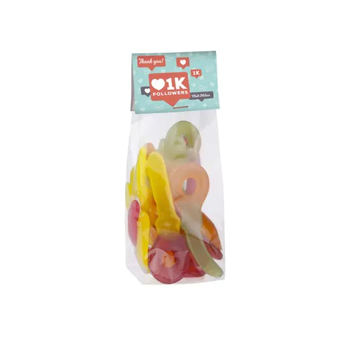 Blokzakje met kopkaartje en 150 gram snoep Blokzakje met kopkaartje en 150 gram snoep