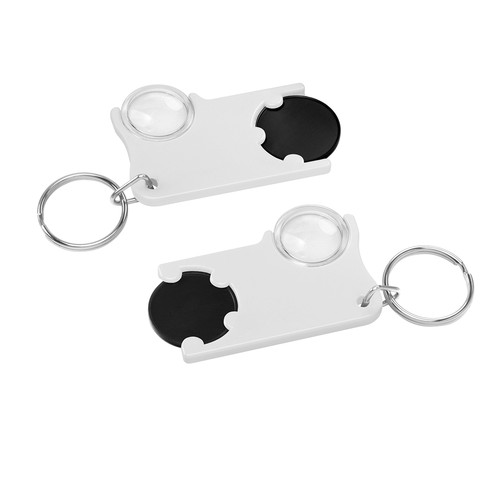 Chiphouder met winkelwagenmuntje 1€ en loep Chiphouder met winkelwagenmuntje 1€ en loep