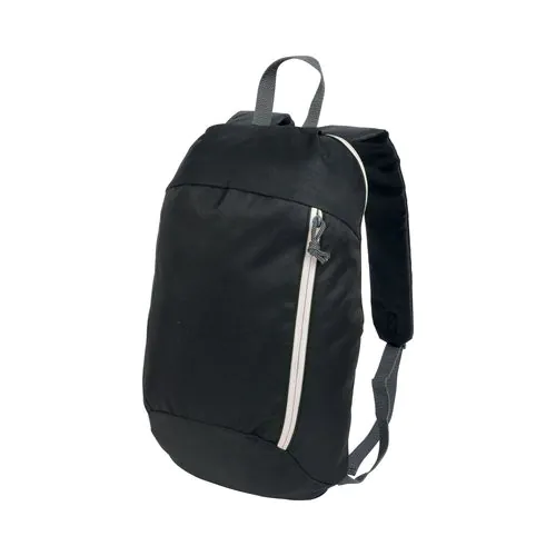 Black 600D polyester backpack with 2 pockets and coloured zips. Padded straps and back Black 600D polyester backpack with 2 pockets and coloured zips. Padded straps and back