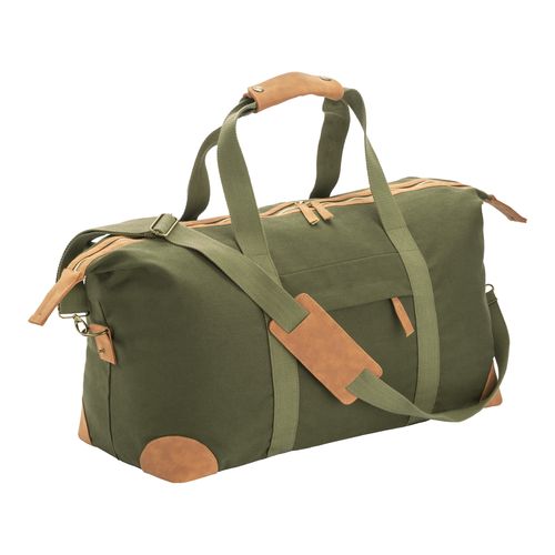 Recycled canvas duffle bag. Adjustable and removable shoulder strap with metal buckles