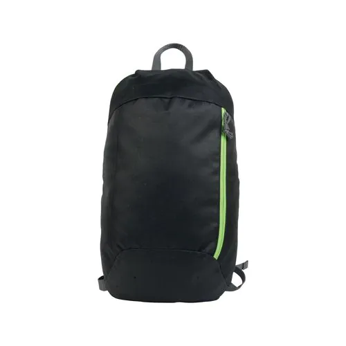 Black 600D polyester backpack with 2 pockets and coloured zips. Padded straps and back Black 600D polyester backpack with 2 pockets and coloured zips. Padded straps and back