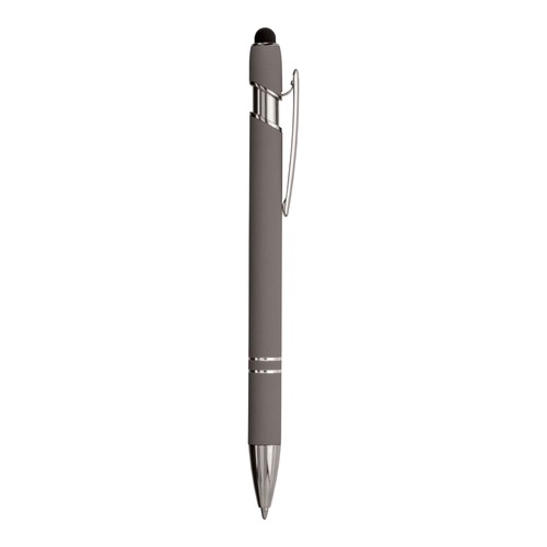 Penna a scatto in alluminio gommato con gommino per touch screen e clip in metallo Penna a scatto in alluminio gommato con gommino per touch screen e clip in metallo