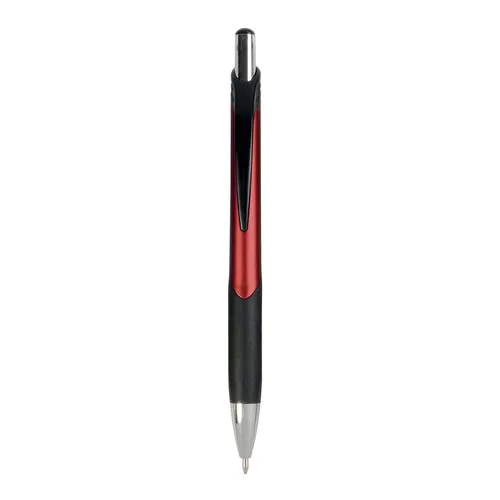Penna a scatto in plastica con fusto metallizzato, impugatura gommata nera Penna a scatto in plastica con fusto metallizzato, impugatura gommata nera