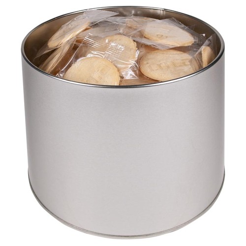 Round tin – flow-wrapped, embossed biscuits Round tin – flow-wrapped, embossed biscuits
