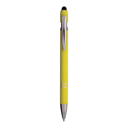 Penna a scatto in alluminio gommato con gommino per touch screen e clip in metallo
