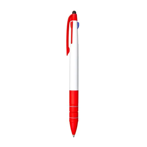 Plastic snap pen with 3 refills in blue, black and red, and touchscreen rubber tip Plastic snap pen with 3 refills in blue, black and red, and touchscreen rubber tip