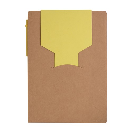 Recycled-paper notepad with cardboard pen and sticky notes Recycled-paper notepad with cardboard pen and sticky notes