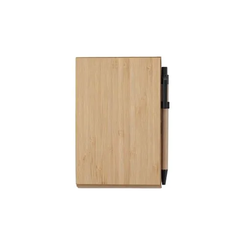 Notepad with bamboo cover (70 sheets), sticky notes, ballpen and phone holder.