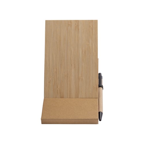 Notepad with bamboo cover (70 sheets), sticky notes, ballpen and phone holder. Notepad with bamboo cover (70 sheets), sticky notes, ballpen and phone holder.