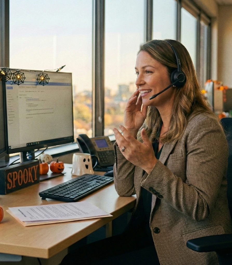 Freundliche Kundenberaterin mit Headset an einem mit Kürbissen und "Spooky"-Schild dekorierten Arbeitsplatz – Symbolbild für die kostenlose Beratung zu Halloween Werbeartikeln.