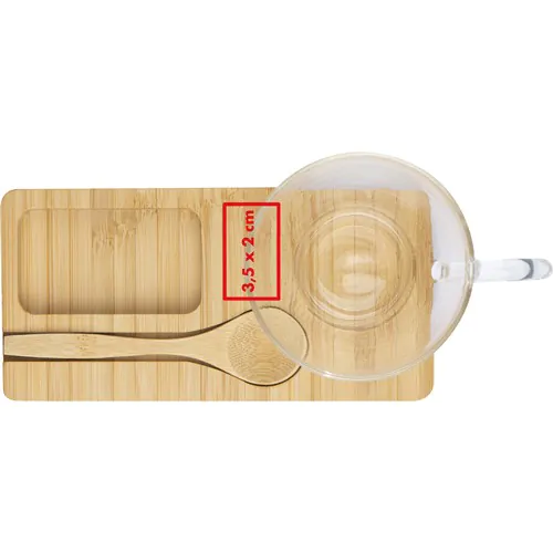bamboo tray with spoon and glass mug