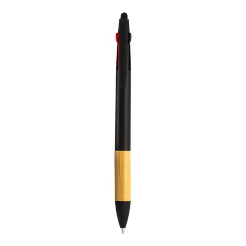 Plastic click pen with 3 refills, with touch screen rubber, bamboo grip