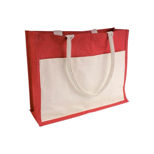 Borsa in juta con interno in PVC, soffietto, manici lunghi e tasca esterna