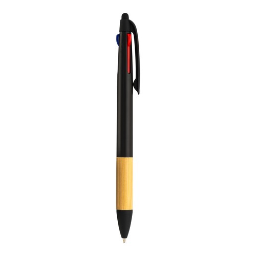 Penna a scatto in plastica con 3 refill, con gommino per touch screen, impugnatura in bamb Penna a scatto in plastica con 3 refill, con gommino per touch screen, impugnatura in bamb