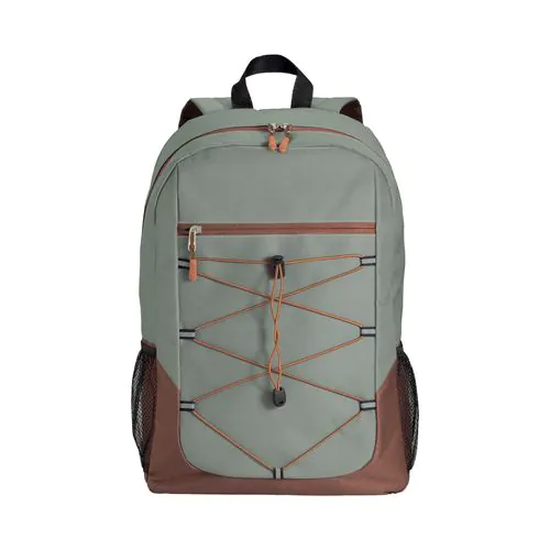 600D polyester 4-pocket backpack (two mesh side pockets). Padded straps and back