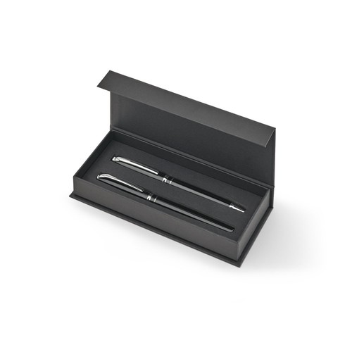SARAMAGO. Coffret haut de gamme comprenant 1 stylo à bille et 1 stylo roller en cuivre et acier inoxydable, à encre bleue