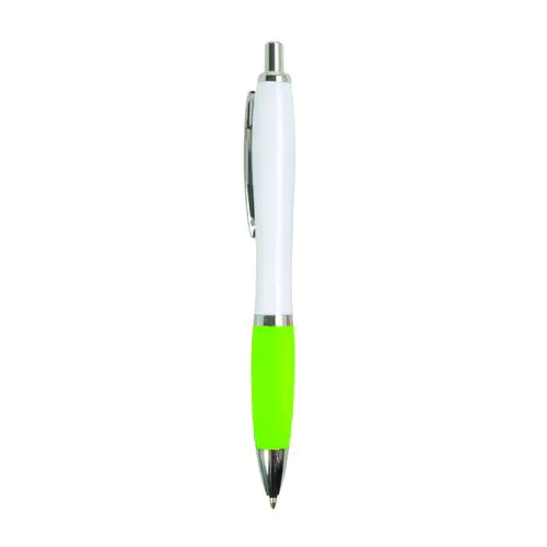 Penna a scatto in plastica ABS, con fusto bianco, impugnatura colorata gommata Penna a scatto in plastica ABS, con fusto bianco, impugnatura colorata gommata