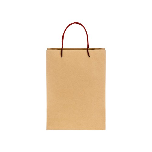 Sacchetto in carta naturale riciclata da 150 g/m2, con soffietto e manici corti colorati Sacchetto in carta naturale riciclata da 150 g/m2, con soffietto e manici corti colorati