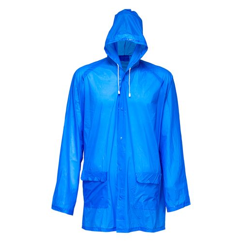 Embossed PVC (200 g) raincoat, supplied in a pocket-sized bag. One size