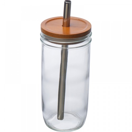Glass mug with bamboo lid and straw Glass mug with bamboo lid and straw