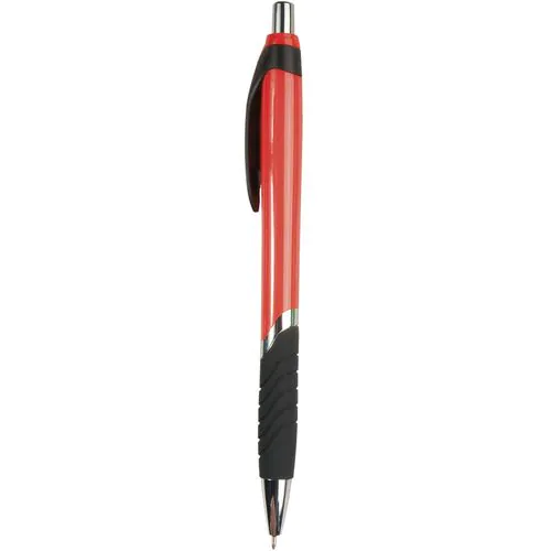 Penna a scatto in plastica, con fusto colorato, impugnatura gommata e particolari cromati Penna a scatto in plastica, con fusto colorato, impugnatura gommata e particolari cromati
