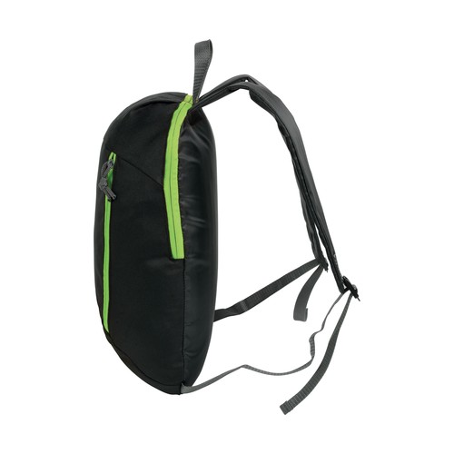 Black 600D polyester backpack with 2 pockets and coloured zips. Padded straps and back Black 600D polyester backpack with 2 pockets and coloured zips. Padded straps and back