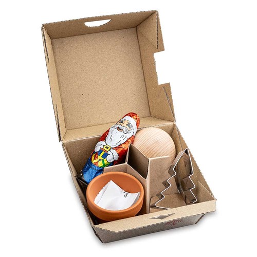 Coffret cadeau de Noël - Pot en argile avec graines d'épicéa, Père Noël en chocolat, sapin en forme de pâtisserie, flatteur de main Coffret cadeau de Noël - Pot en argile avec graines d'épicéa, Père Noël en chocolat, sapin en forme de pâtisserie, flatteur de main