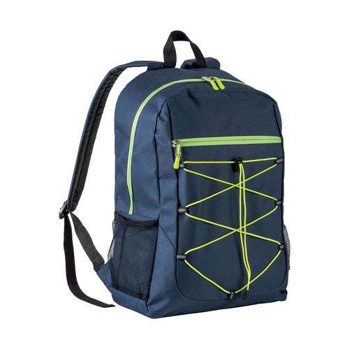 600D polyester 4-pocket backpack (two mesh side pockets). Padded straps and back