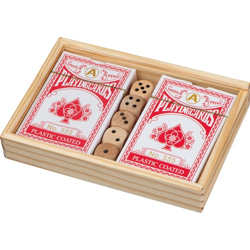 Playing cards in wooden box with dice