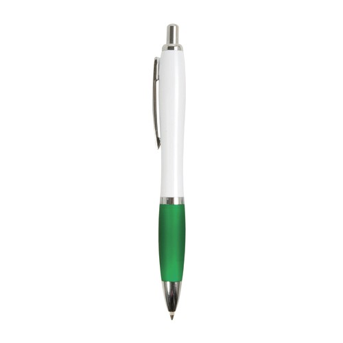 Penna a scatto in plastica ABS, con fusto bianco, impugnatura colorata gommata Penna a scatto in plastica ABS, con fusto bianco, impugnatura colorata gommata